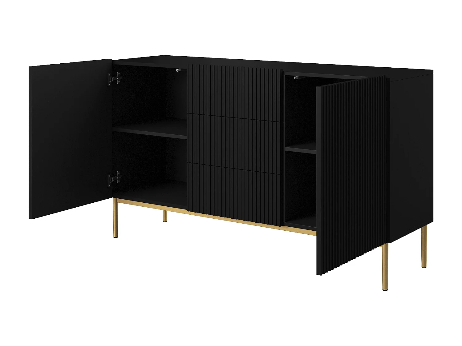 Aparador 2 puertas 3 cajones centrales negro con pie metal dorado 150x45 cm