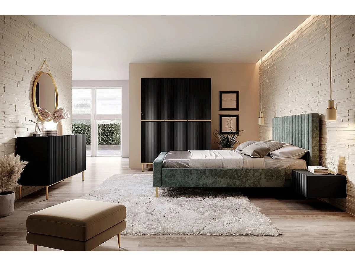 Aparador 2 puertas 3 cajones centrales negro con pie metal dorado 150x45 cm