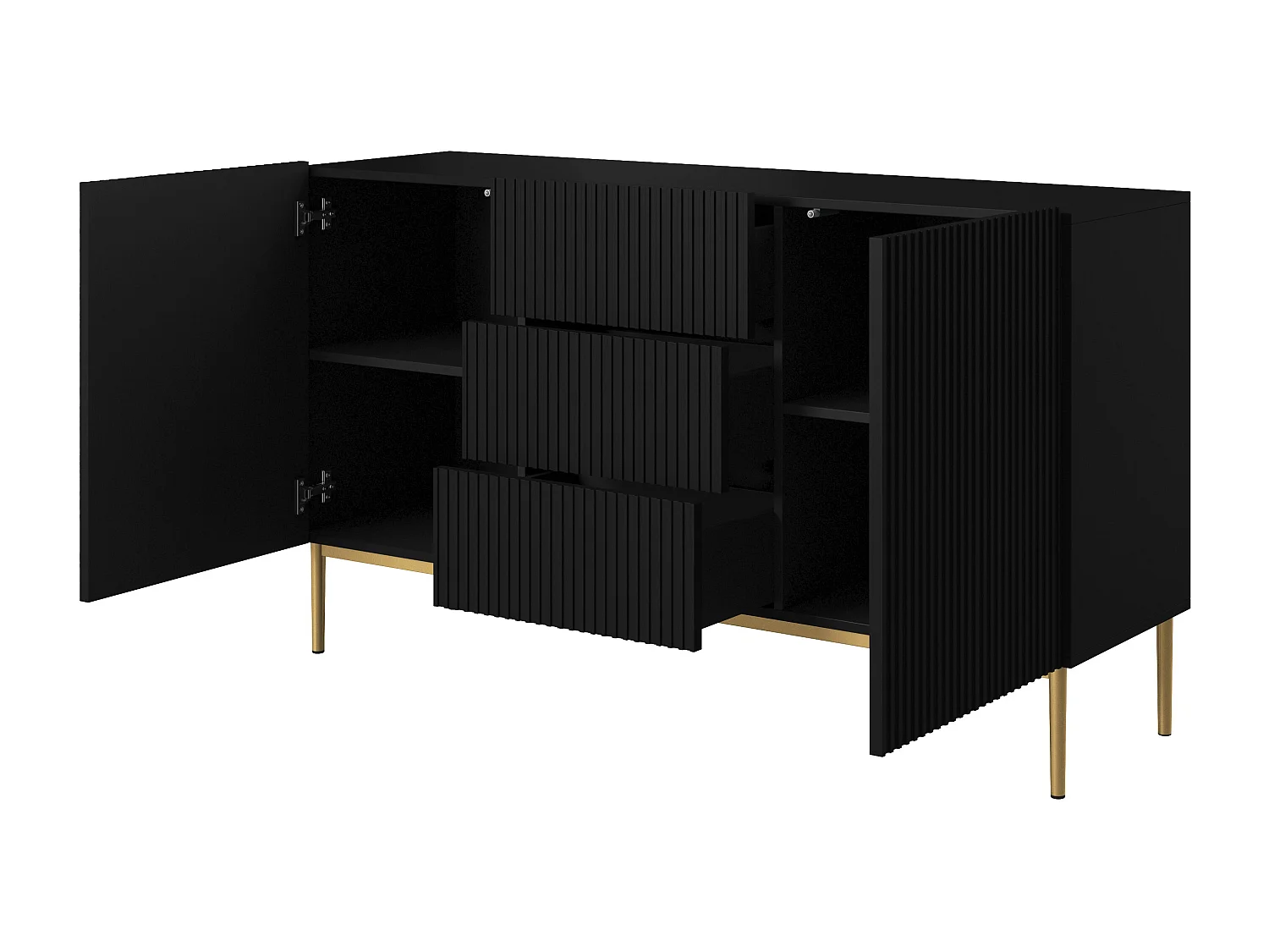 Aparador 2 puertas 3 cajones centrales negro con pie metal dorado 150x45 cm