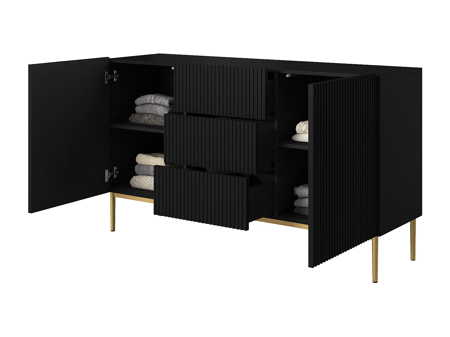 Aparador 2 puertas 3 cajones centrales negro con pie metal dorado 150x45 cm