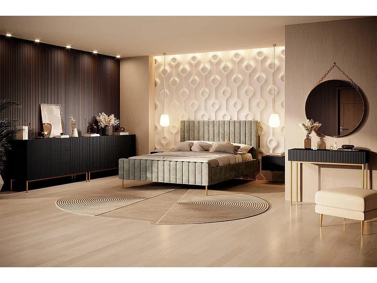 Aparador 2 puertas 3 cajones centrales negro con pie metal dorado 150x45 cm