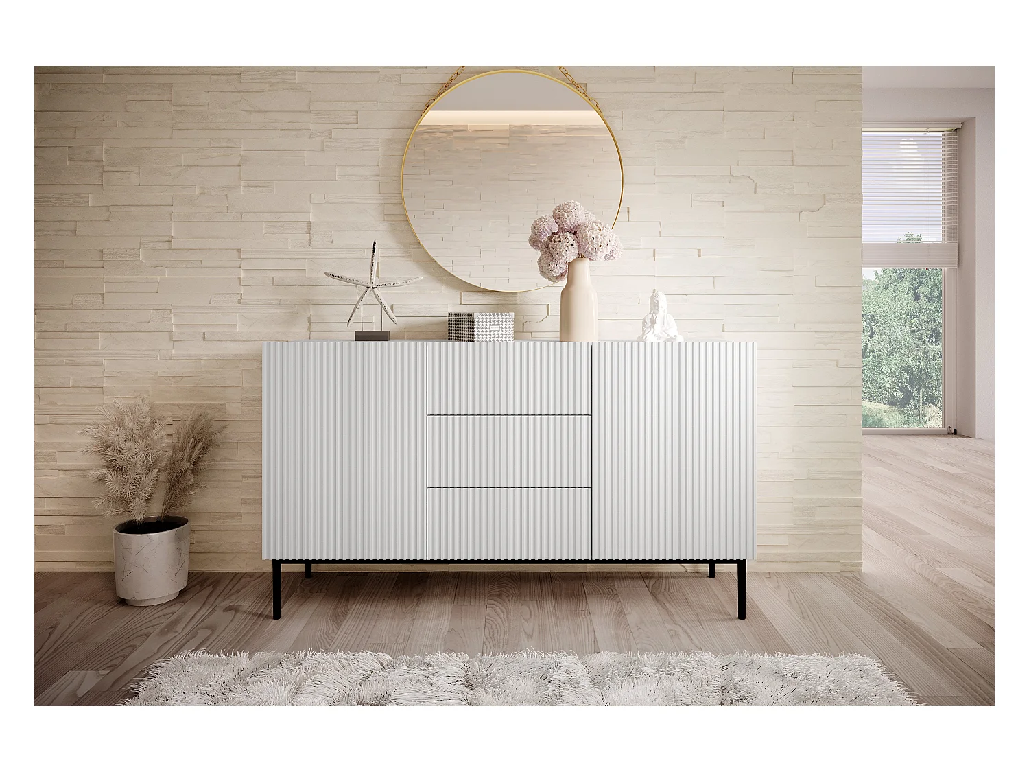 Weißes Sideboard mit 2 Türen und 3 zentralen Schubladen mit schwarzem Metallfuß 150x45 cm