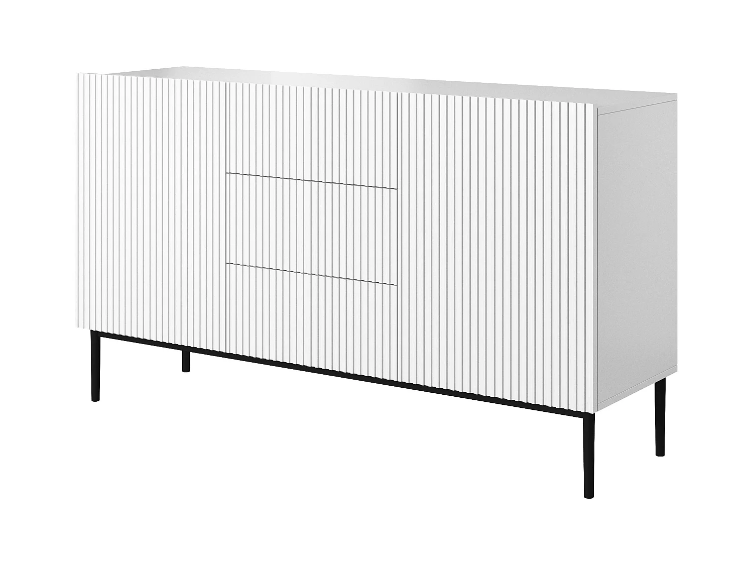 Weißes Sideboard mit 2 Türen und 3 zentralen Schubladen mit schwarzem Metallfuß 150x45 cm