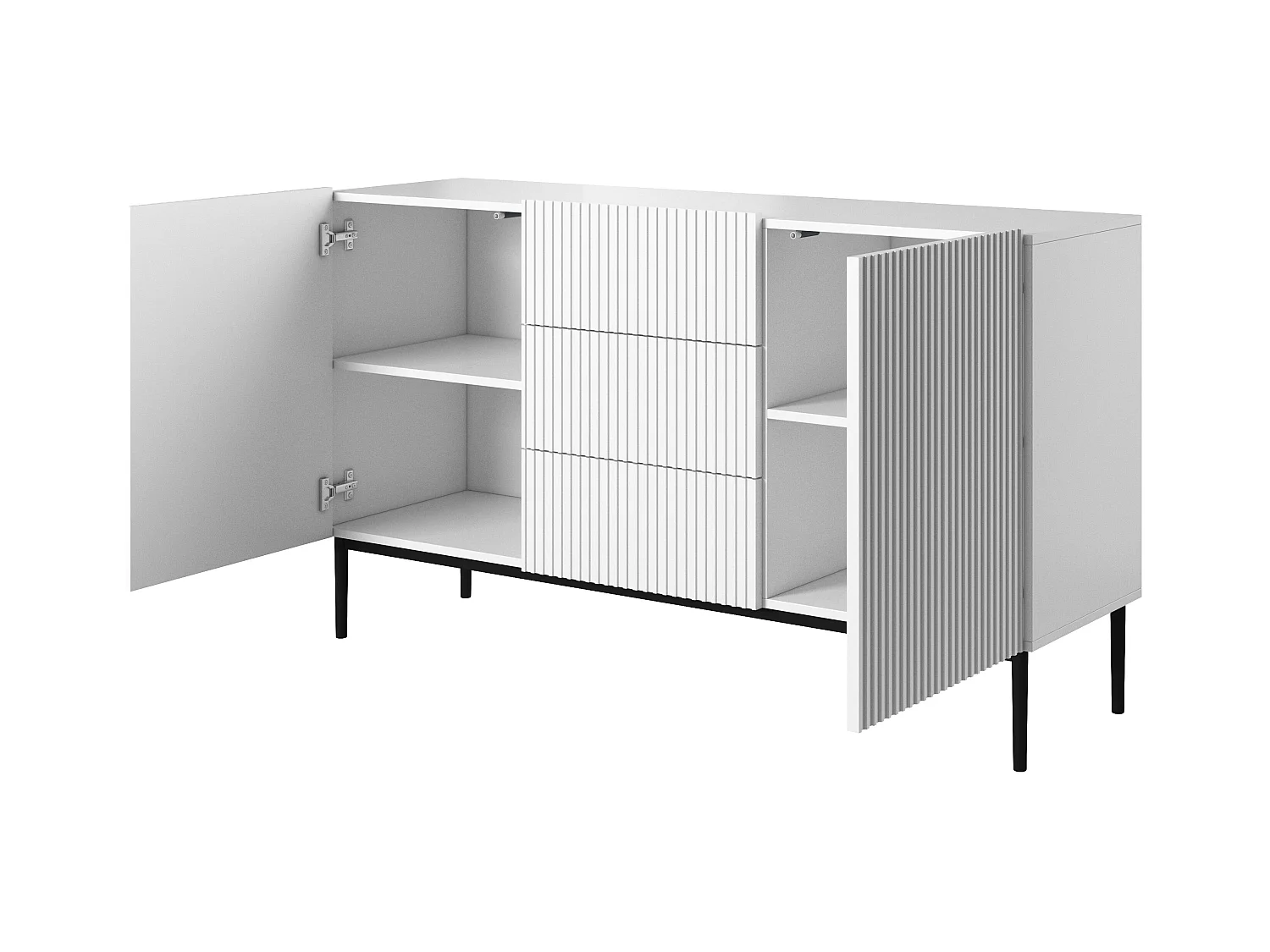 Weißes Sideboard mit 2 Türen und 3 zentralen Schubladen mit schwarzem Metallfuß 150x45 cm