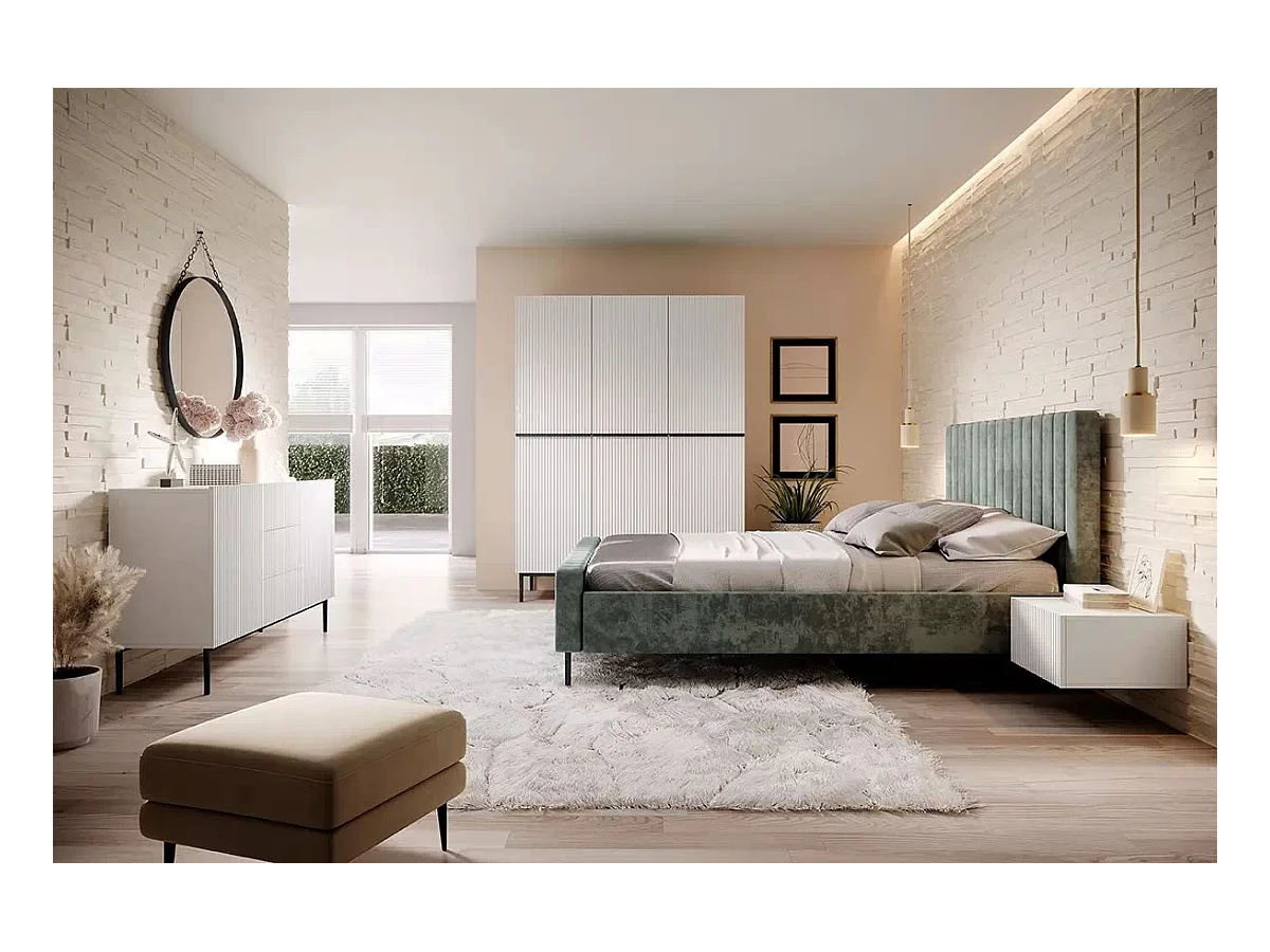 Weißes Sideboard mit 2 Türen und 3 zentralen Schubladen mit schwarzem Metallfuß 150x45 cm