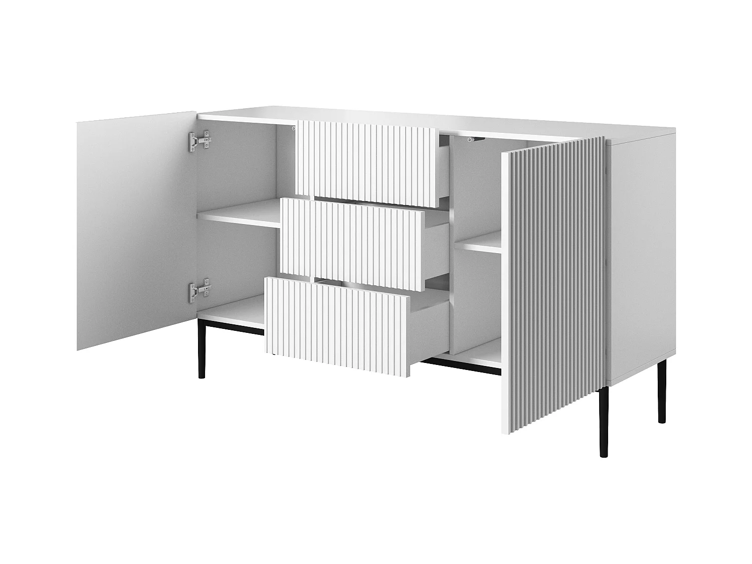 Weißes Sideboard mit 2 Türen und 3 zentralen Schubladen mit schwarzem Metallfuß 150x45 cm