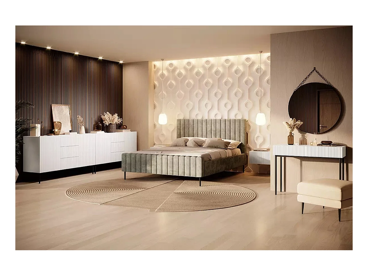 Weißes Sideboard mit 2 Türen und 3 zentralen Schubladen mit schwarzem Metallfuß 150x45 cm