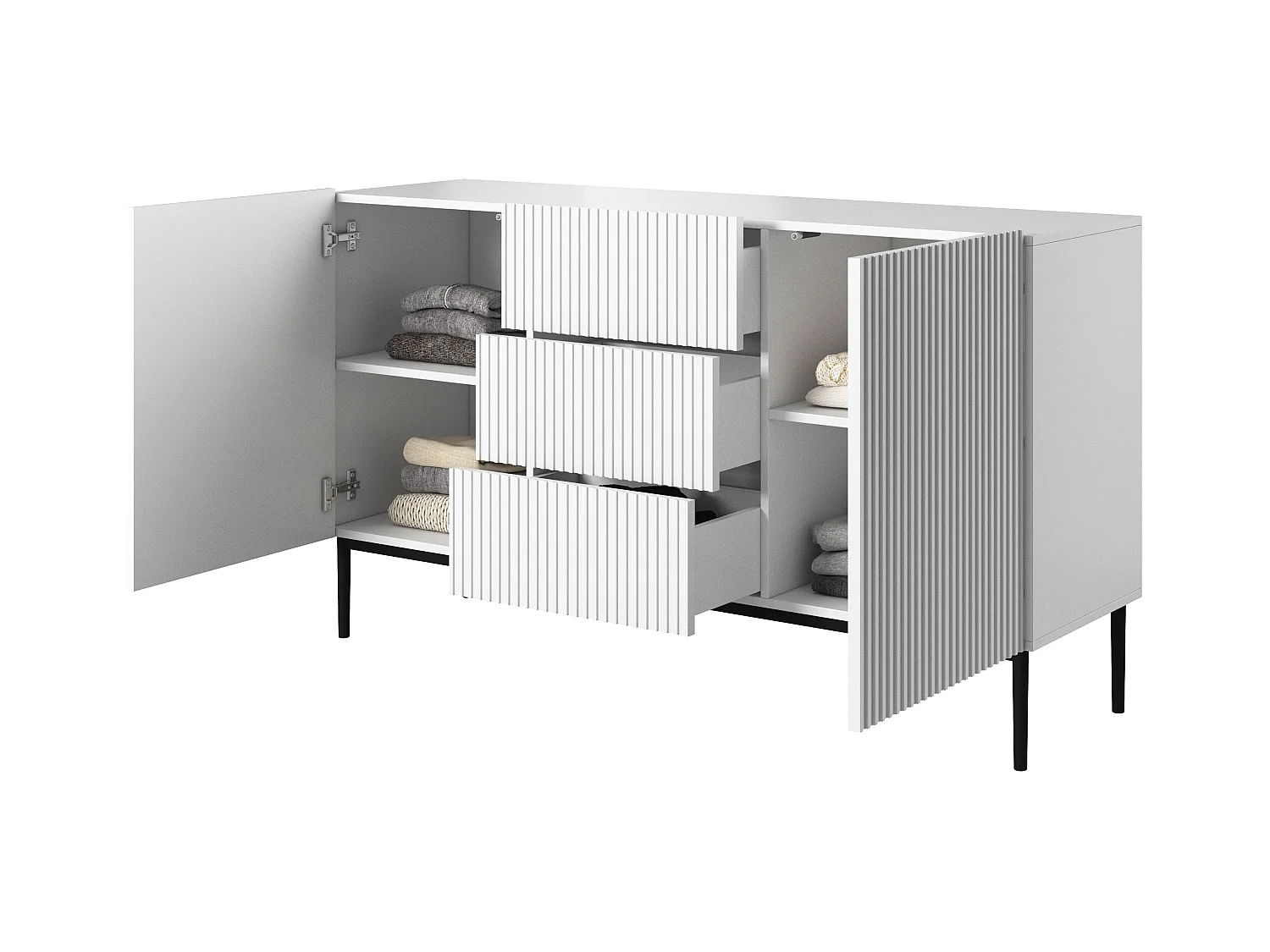 Weißes Sideboard mit 2 Türen und 3 zentralen Schubladen mit schwarzem Metallfuß 150x45 cm