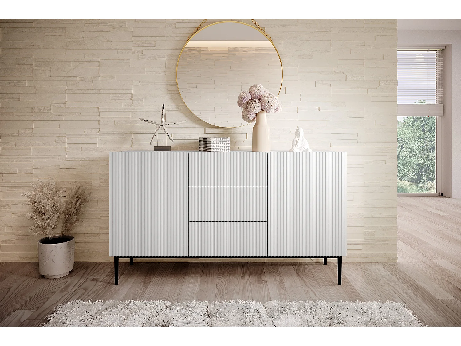 Madia 2 ante 3 cassetti centrali bianco piede metallo nero 150x45 cm