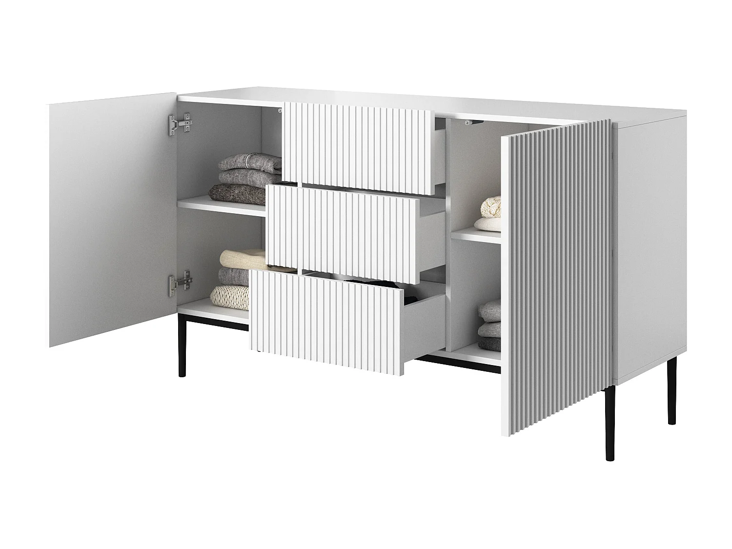 Madia 2 ante 3 cassetti centrali bianco piede metallo nero 150x45 cm