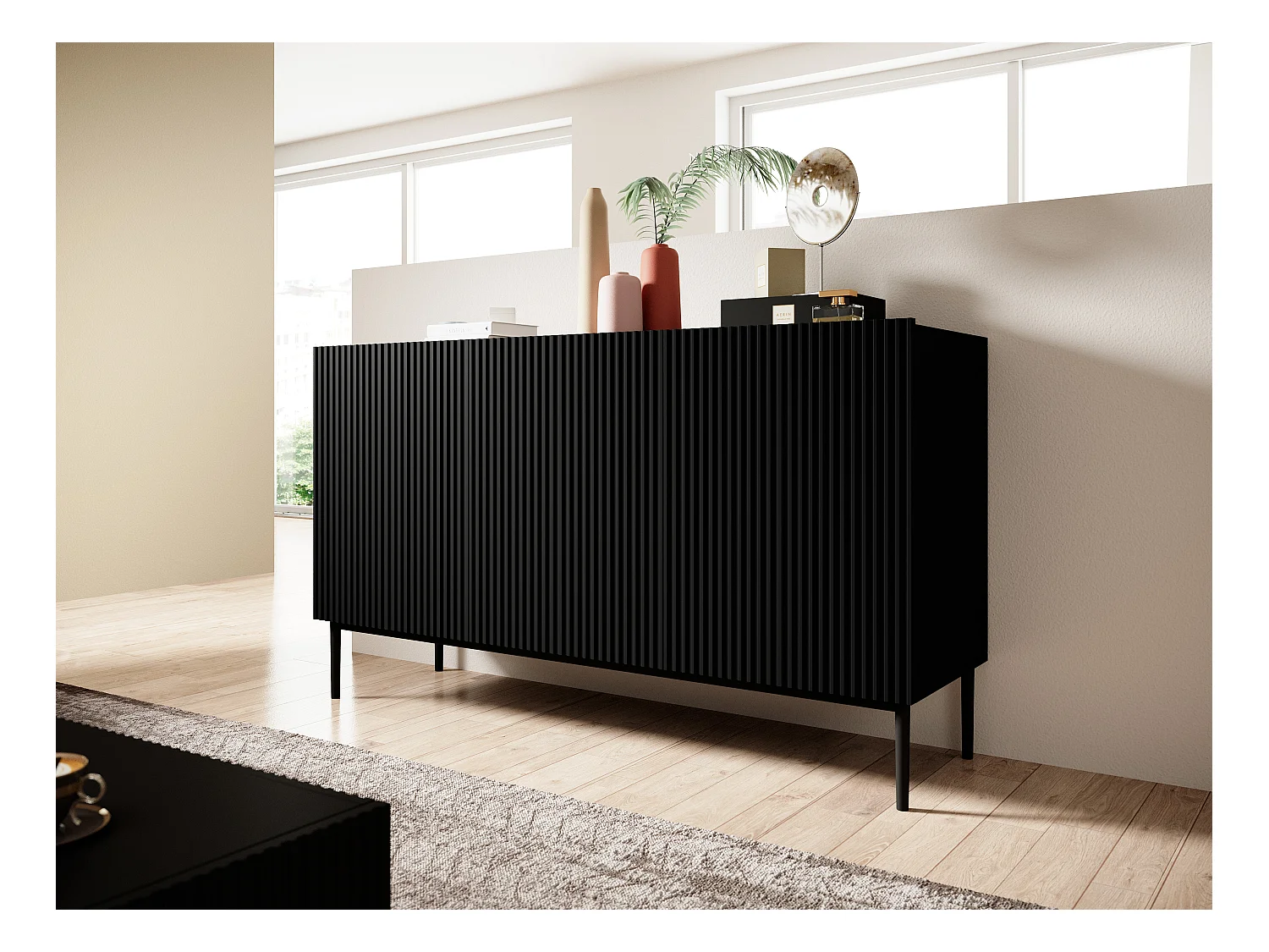 Madia 3 ante nero con piede in metallo nero 150x45 cm