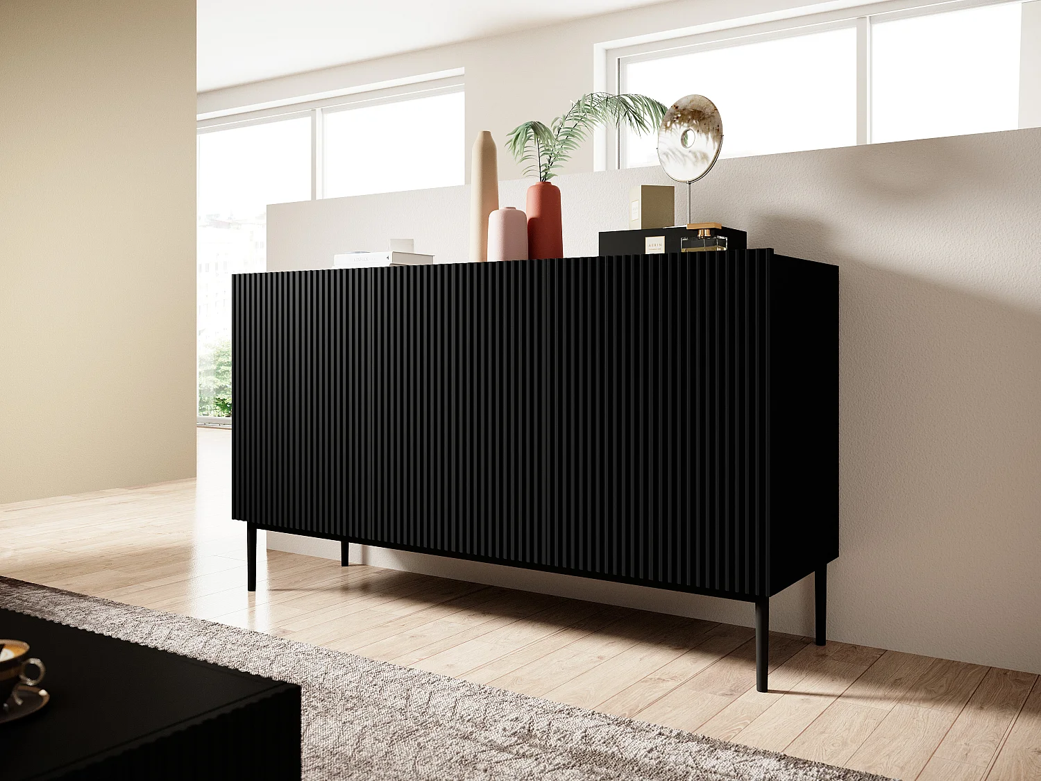 Buffet noir 3 deuren met zwart metalen voet 150x45 cm