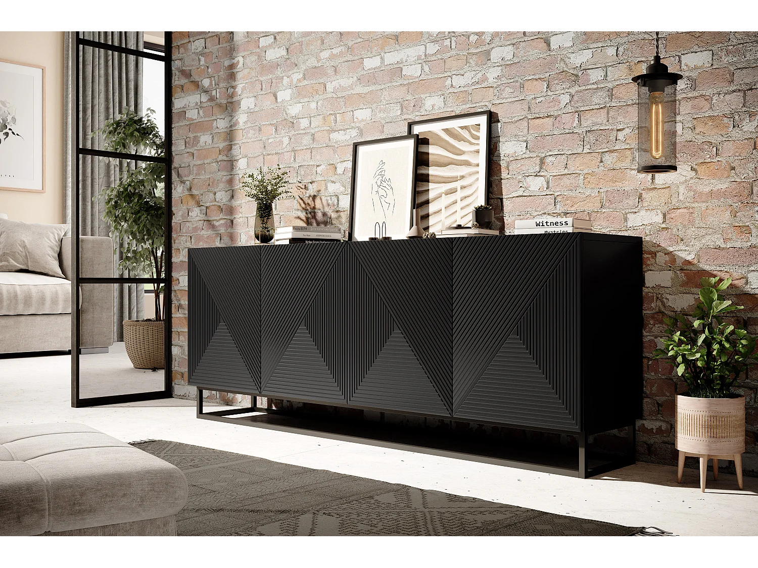 Aparador de 4 puertas de madera laminada negra con pie de metal 200x43 cm