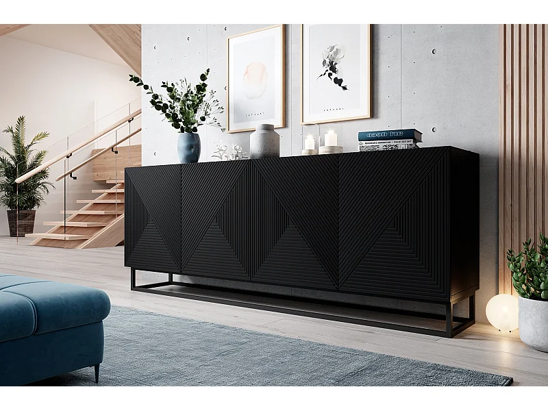 Aparador de 4 puertas de madera laminada negra con pie de metal 200x43 cm