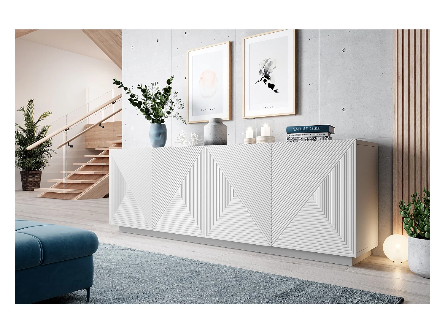 Aparador com 4 portas em madeira laminada branca 200x43 cm