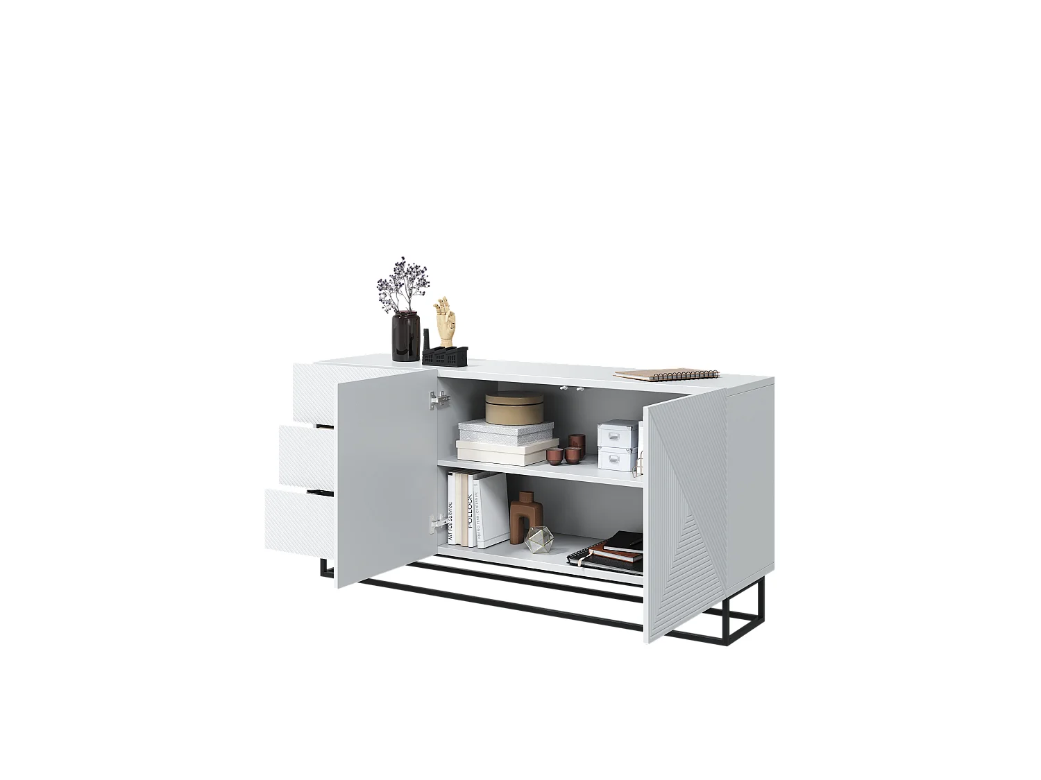 Sideboard 2 Türen 3 Schubladen weißes Schichtholz mit Metallfuß 167x43cm