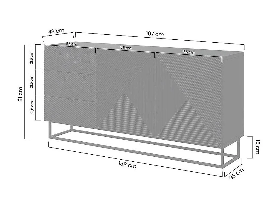 Sideboard 2 Türen 3 Schubladen weißes Schichtholz mit Metallfuß 167x43cm