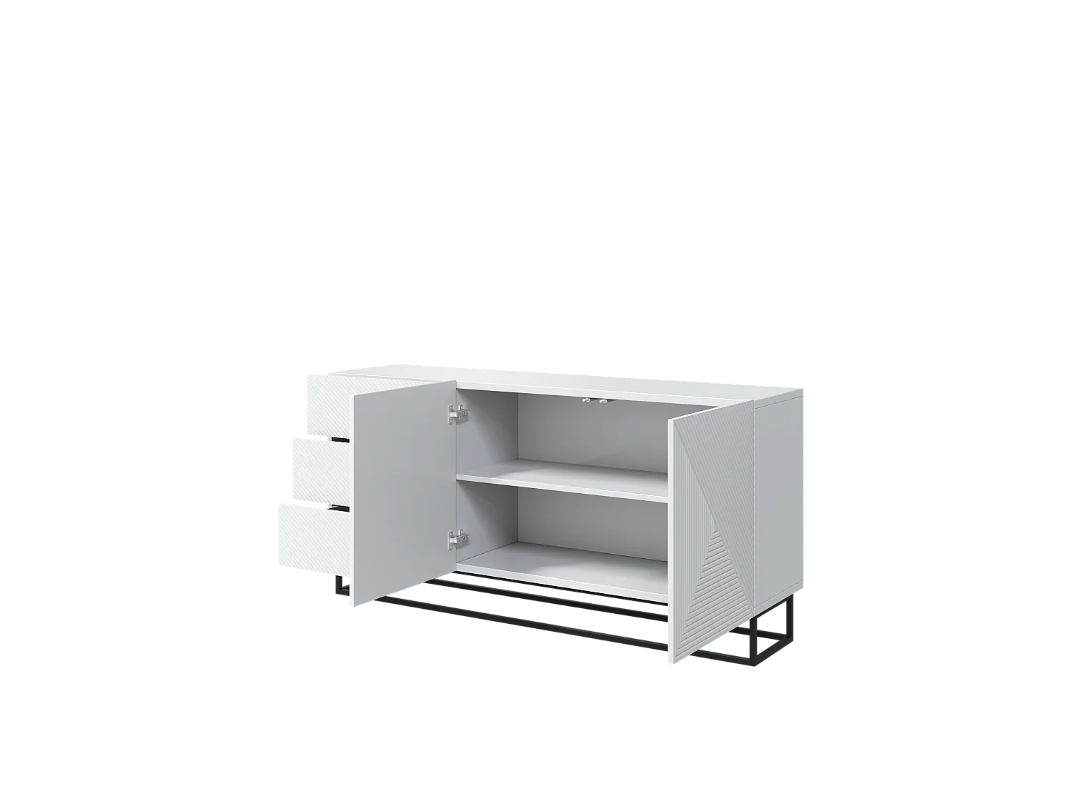 Buffet 2 deuren 3 laden in hout lamellé wit met metaal bont 167x43cm