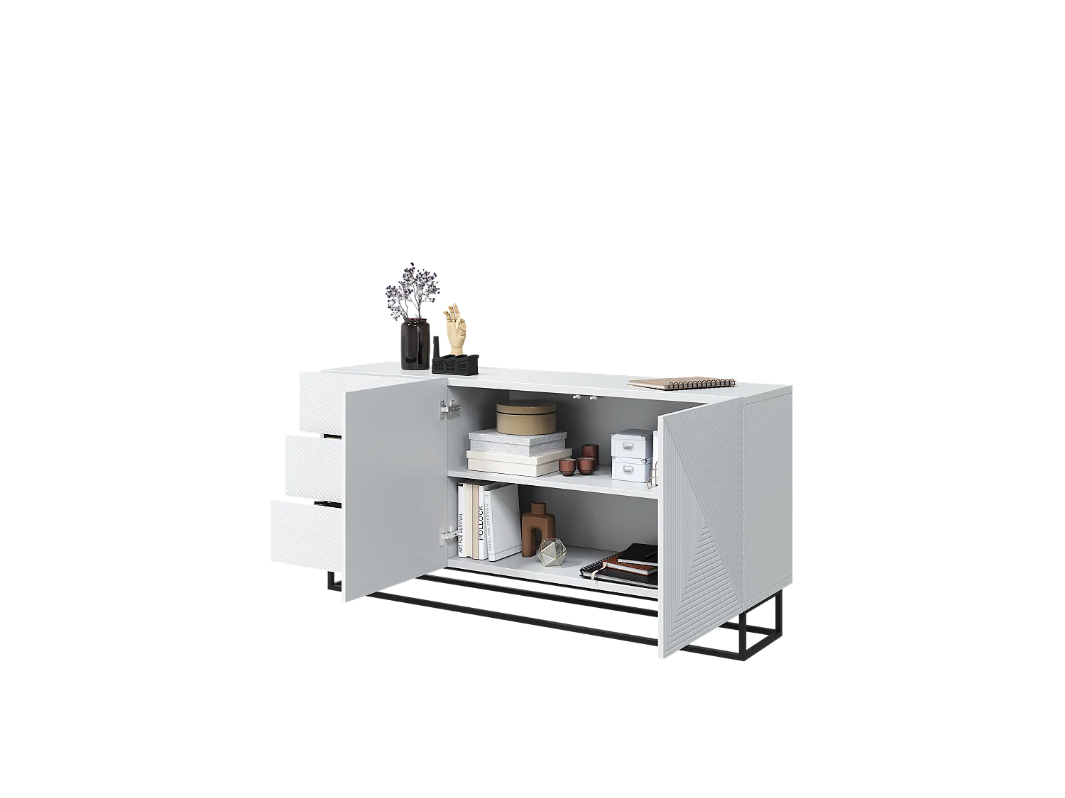 Buffet 2 deuren 3 laden in hout lamellé wit met metaal bont 167x43cm