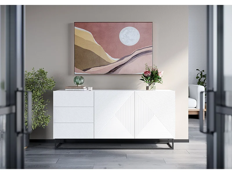 Sideboard 2 Türen 3 Schubladen weißes Schichtholz mit Metallfuß 167x43cm