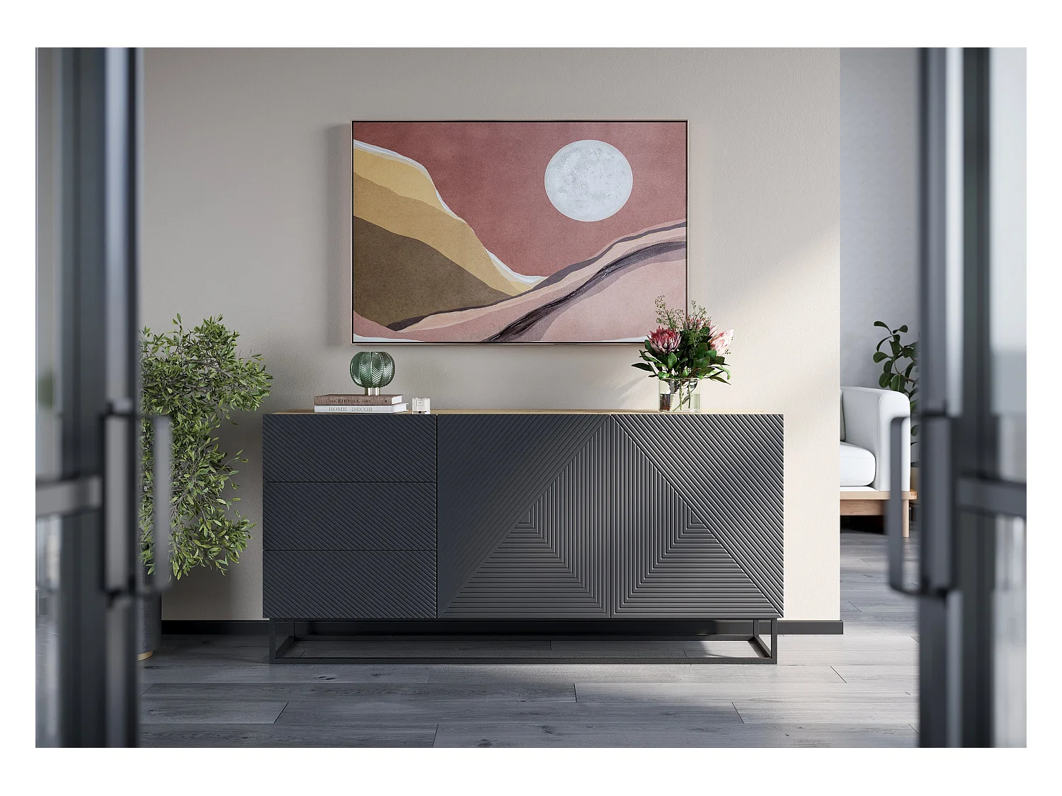 Sideboard 2 Türen 3 Schubladen Schichtholz mit Metallfuß 167x43cm