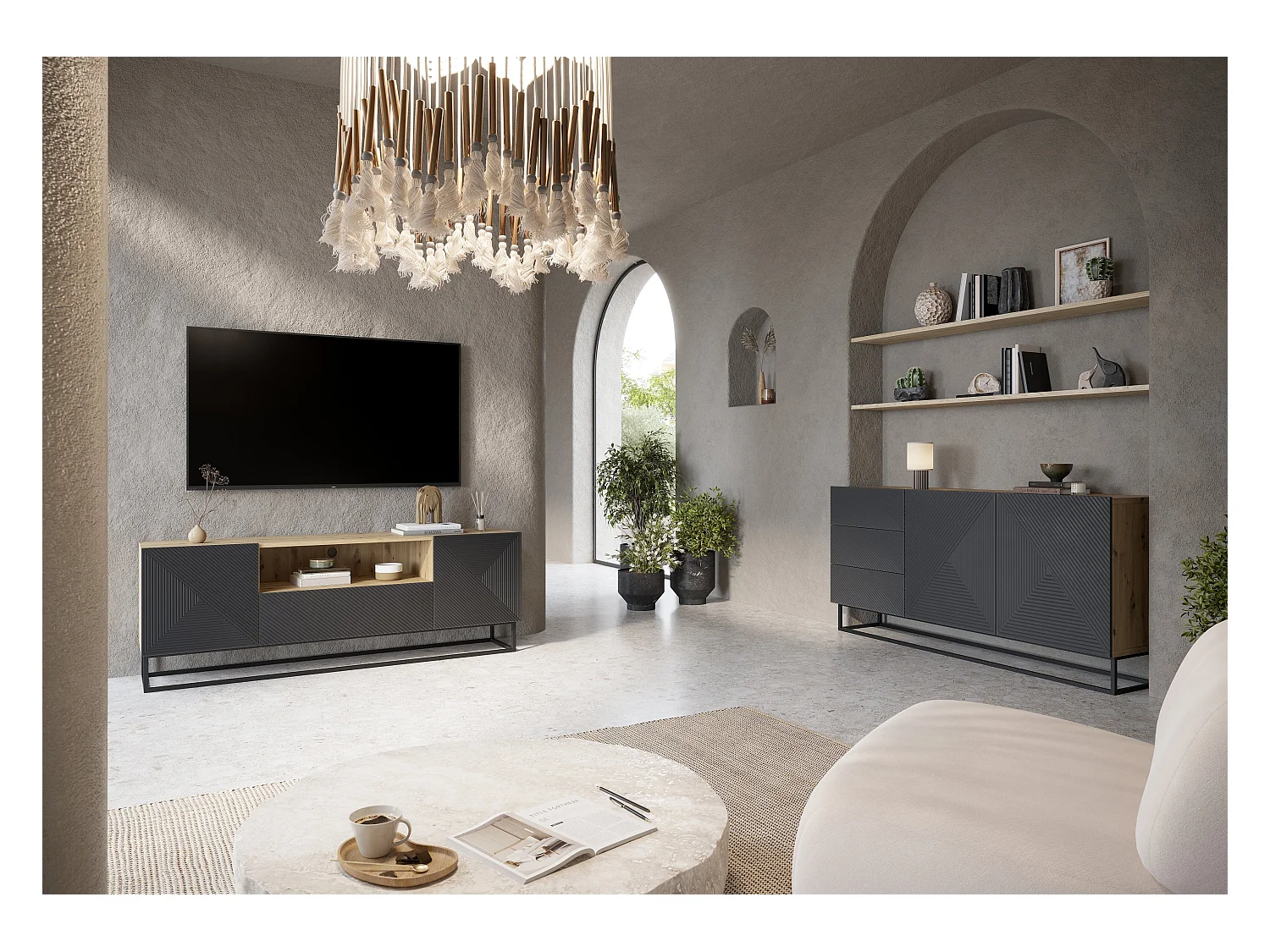 Sideboard 2 Türen 3 Schubladen Schichtholz mit Metallfuß 167x43cm