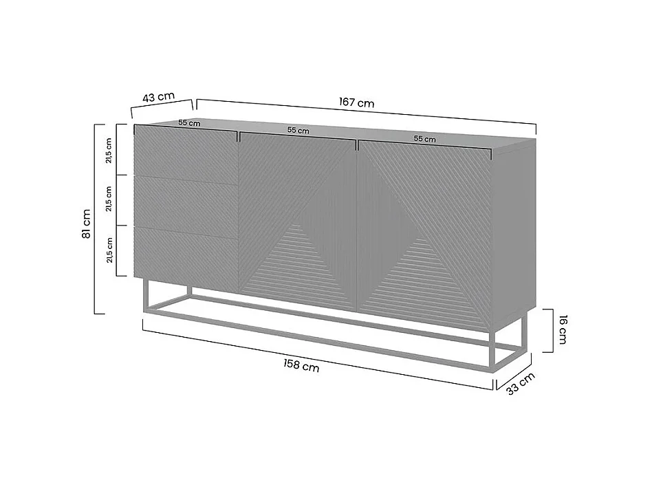 Sideboard 2 Türen 3 Schubladen Schichtholz mit Metallfuß 167x43cm