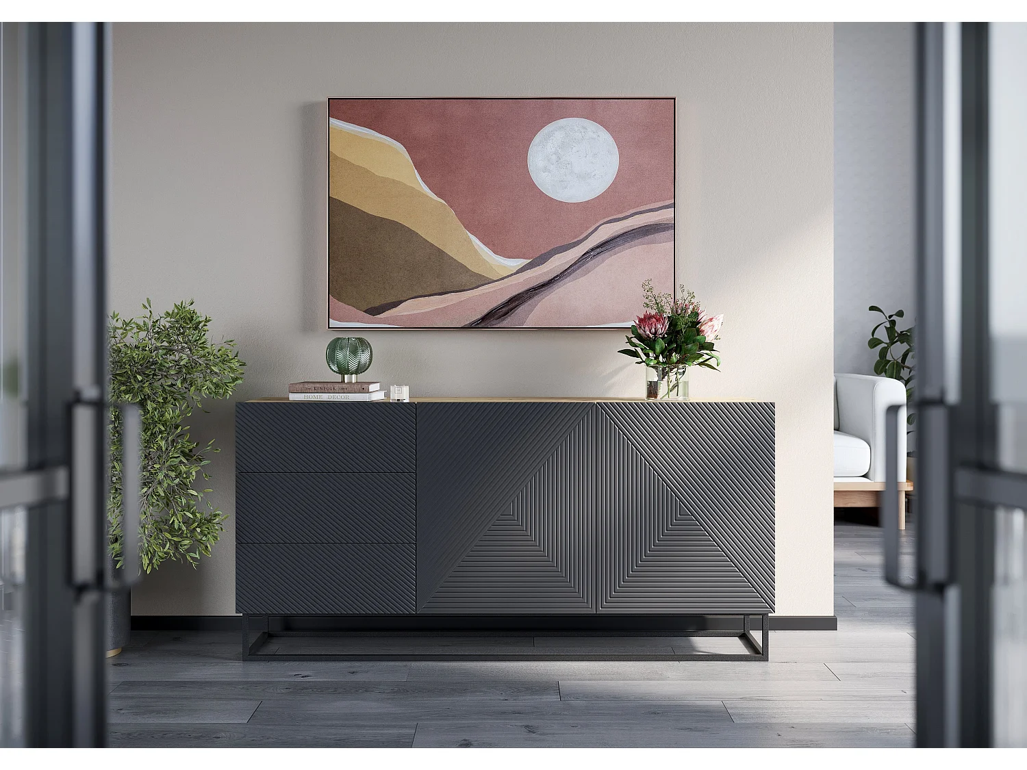 Buffet 2 deuren 3 laden in hout lamellen met metaal pied 167x43cm