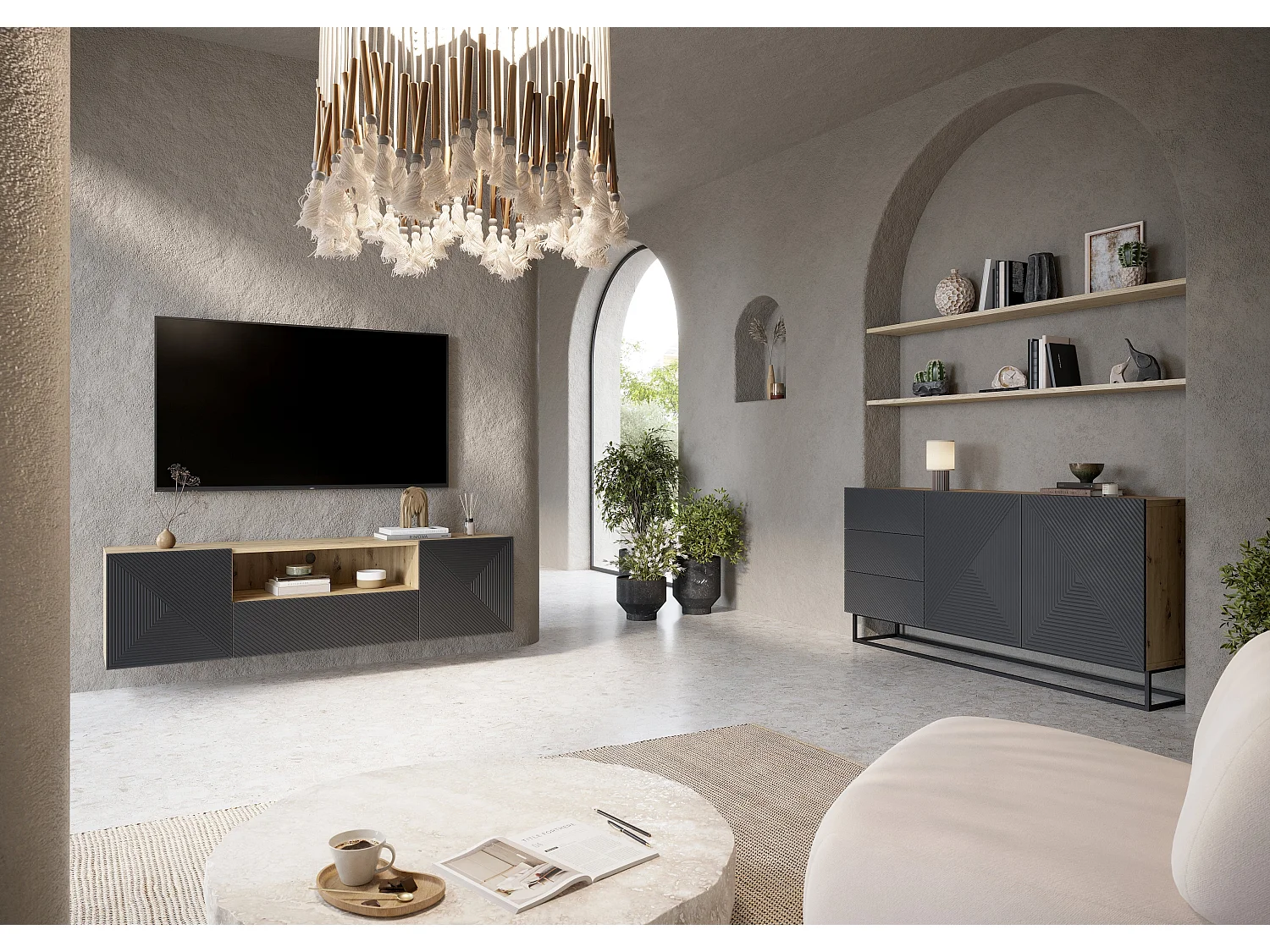 Buffet 2 deuren 3 laden in hout lamellen met metaal pied 167x43cm