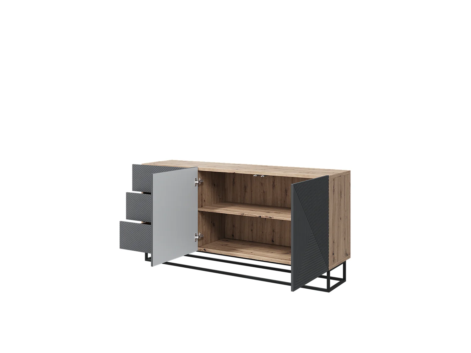 Buffet 2 deuren 3 laden in hout lamellen met metaal pied 167x43cm