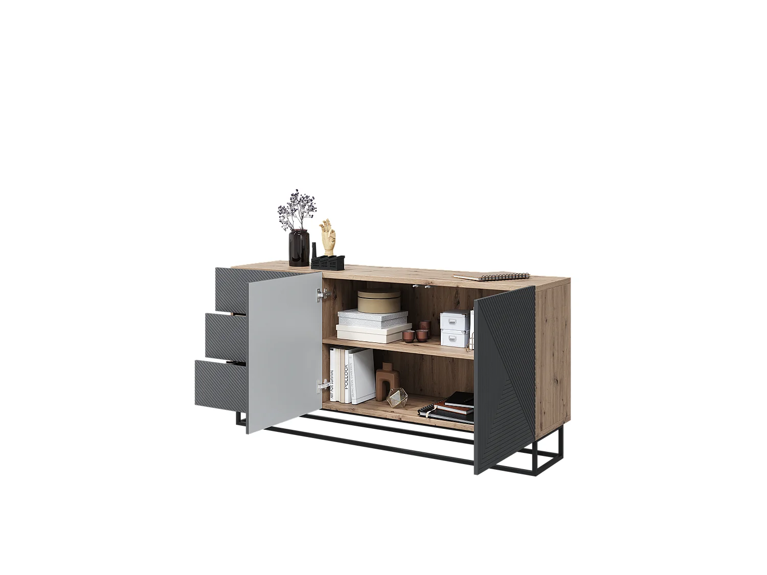 Buffet 2 deuren 3 laden in hout lamellen met metaal pied 167x43cm