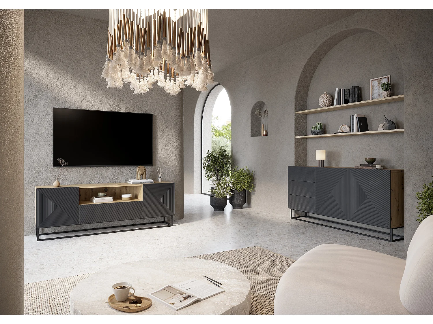 Buffet 2 deuren 3 laden in hout lamellen met metaal pied 167x43cm