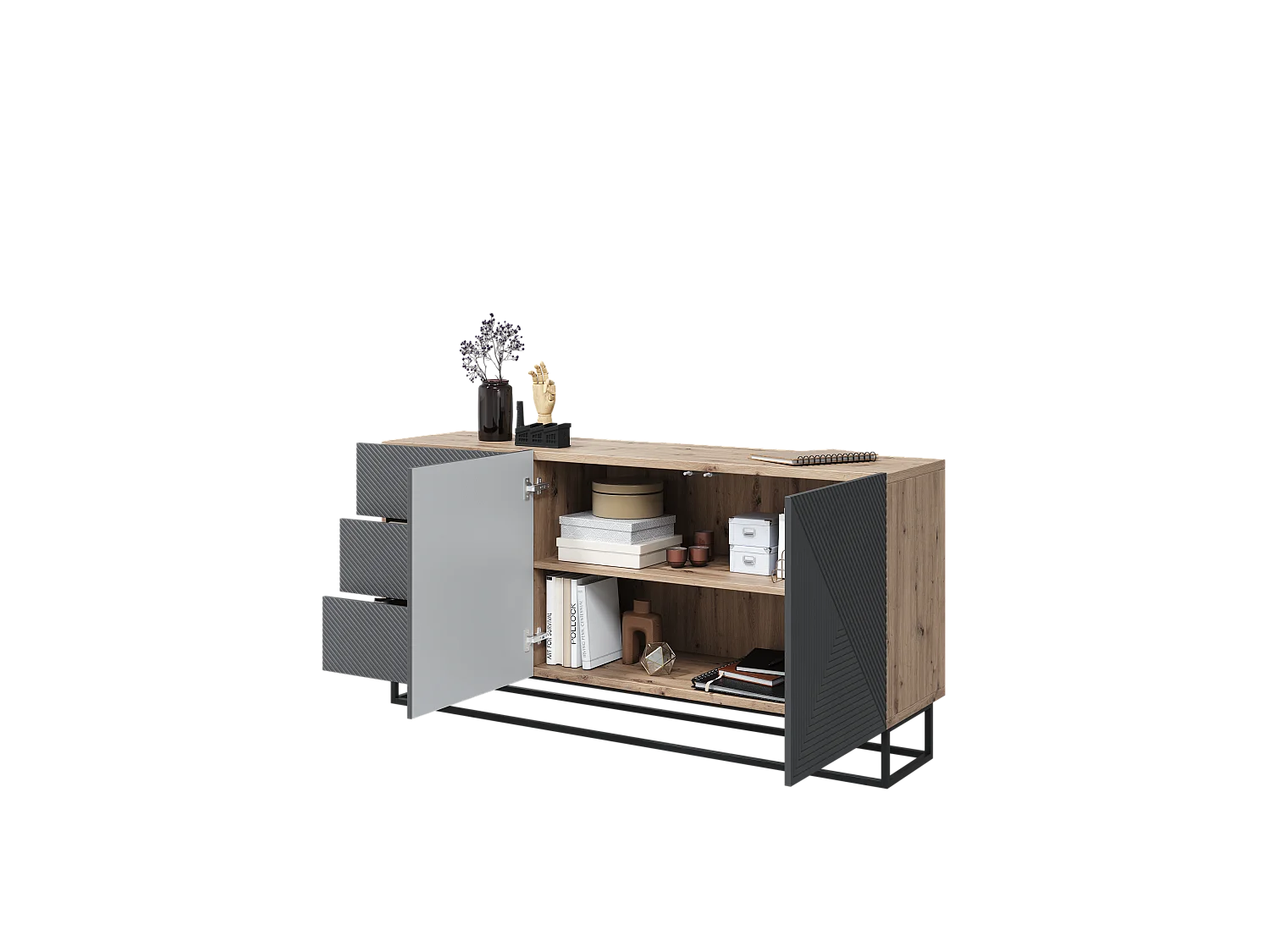 Madia 2 ante 3 cassetti legno laminato con piede in metallo 167x43cm