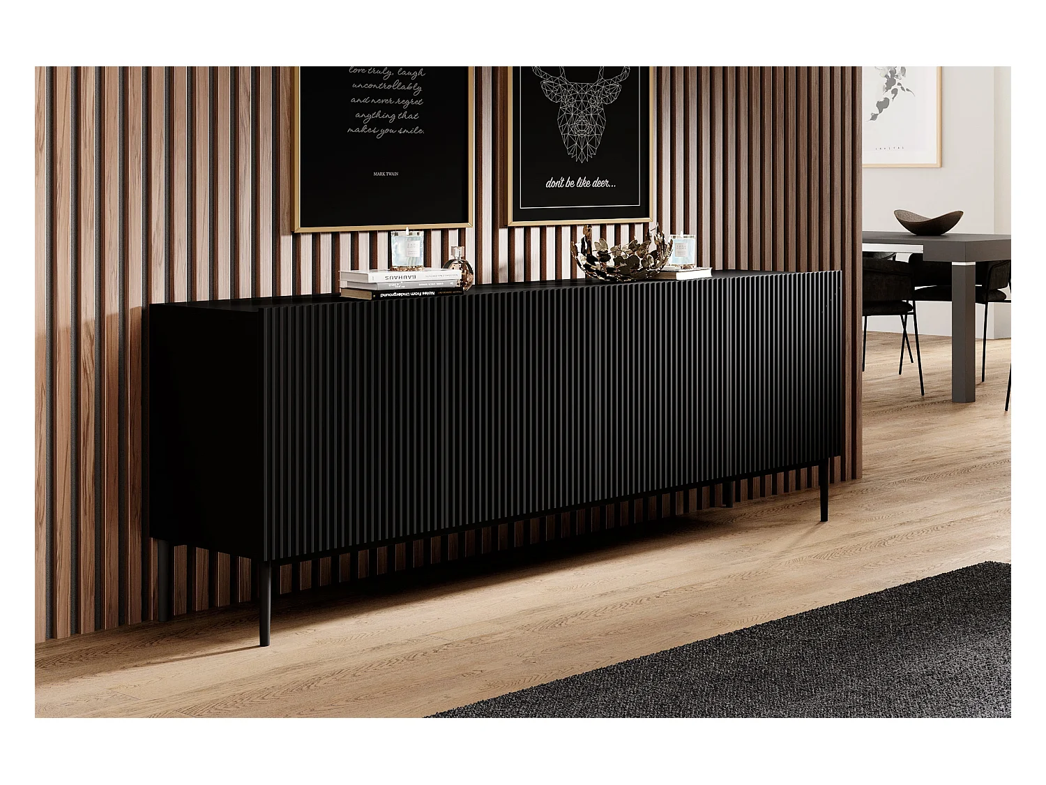 Madia 4 ante nero con piede in metallo nero 200x45 cm