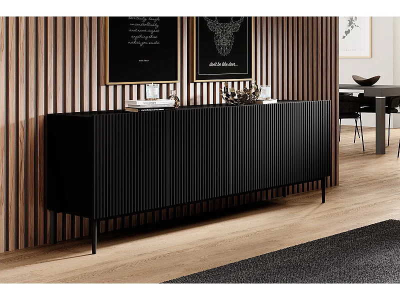 Madia 4 ante nero con piede in metallo nero 200x45 cm