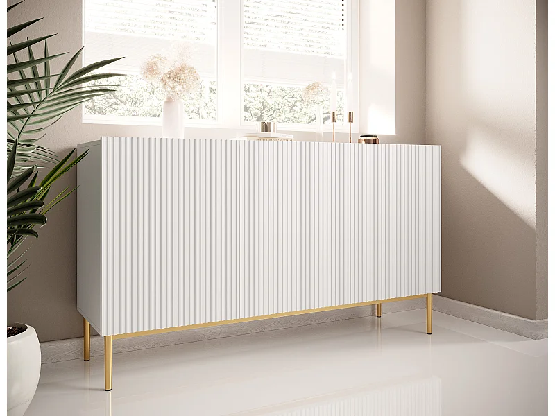 Weißes 3-türiges Sideboard mit goldenem Metallfuß 150x45 cm