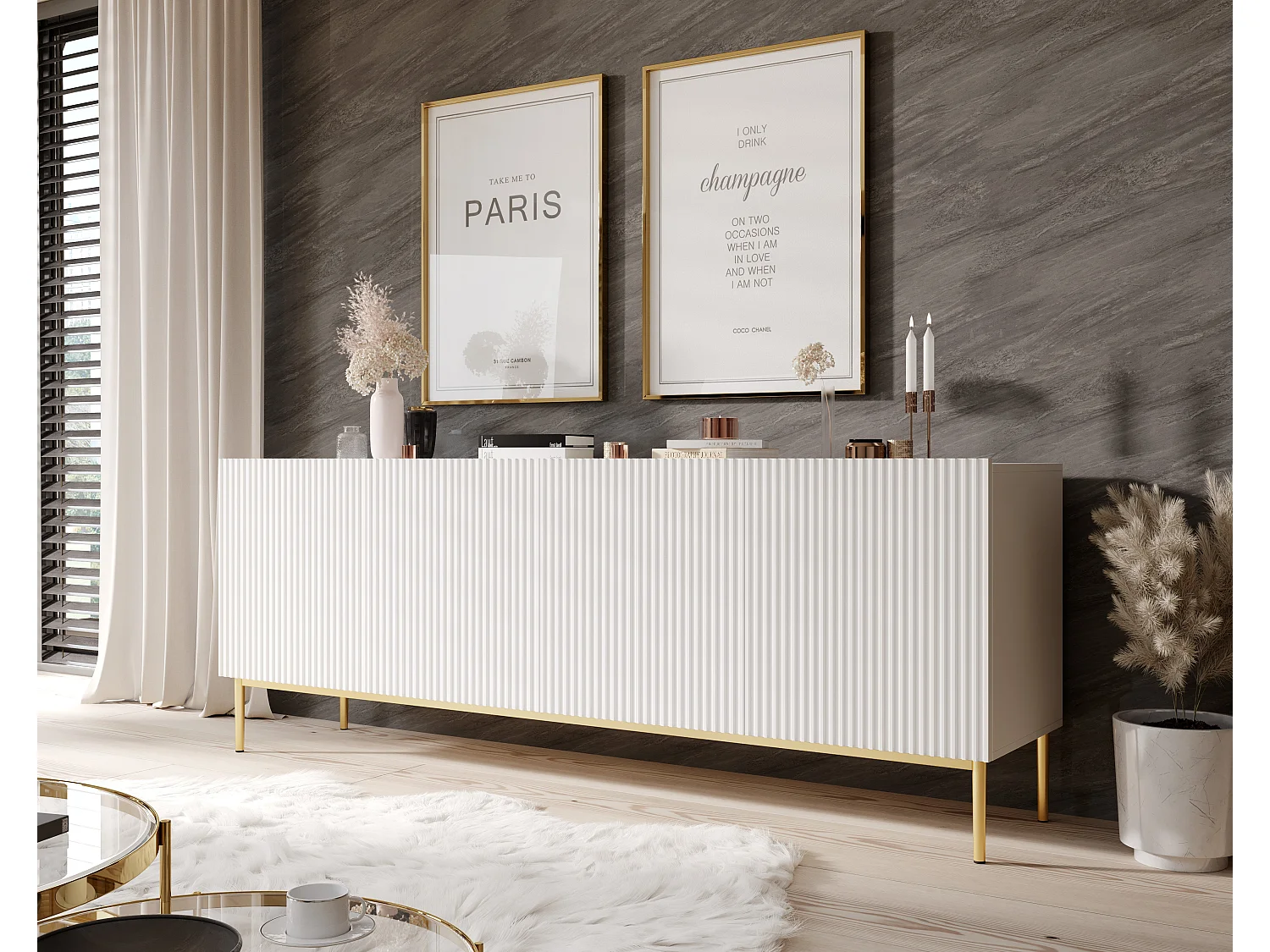 Wit buffet 4 deuren met gouden metalen voet 200x45 cm