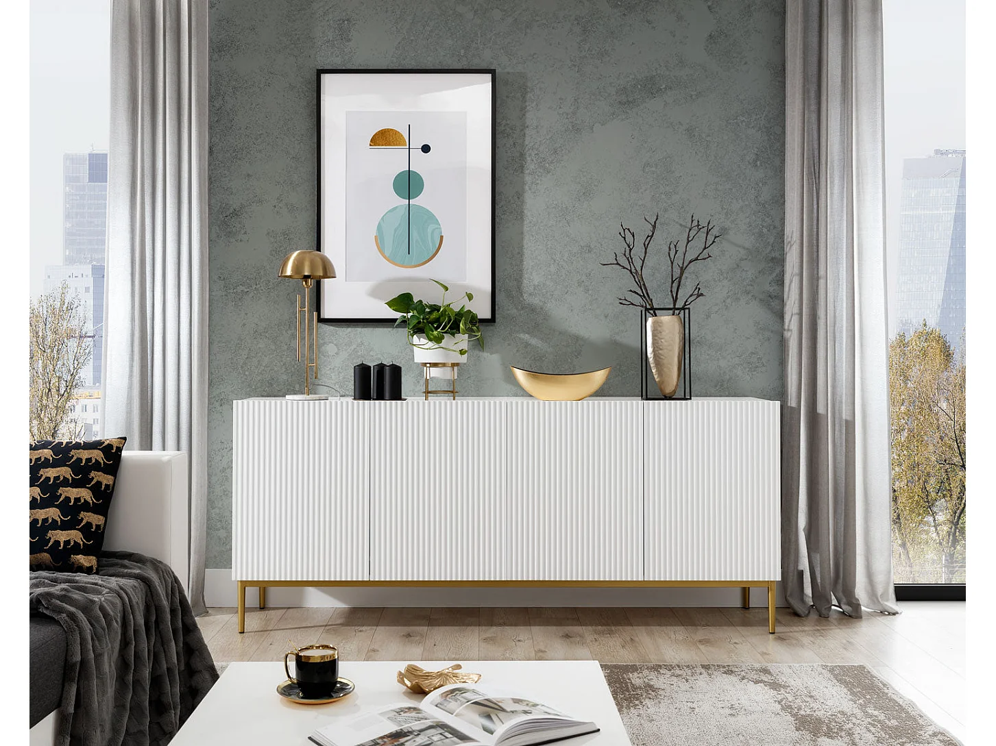 Wit buffet 4 deuren met gouden metalen voet 200x45 cm