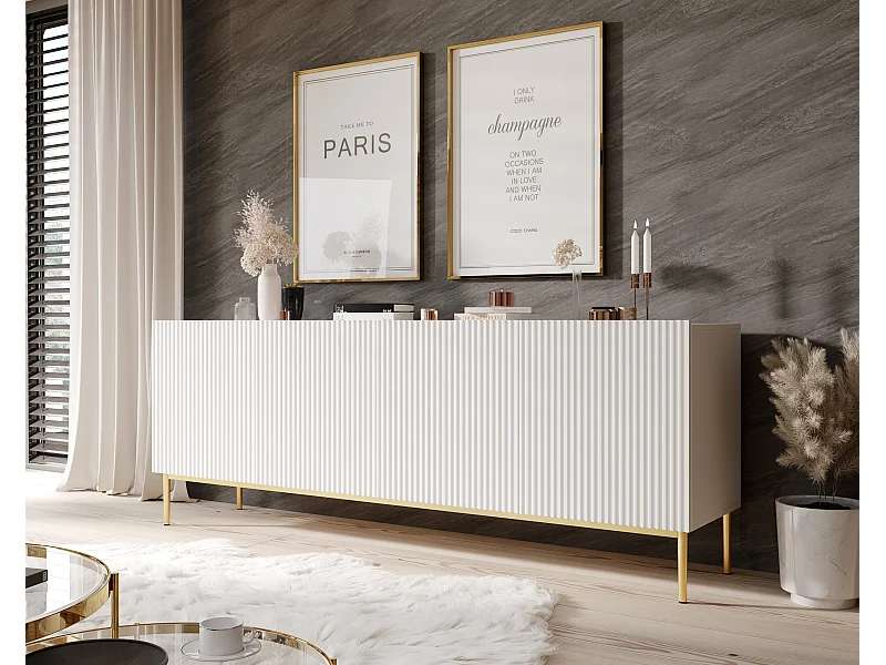 Wit buffet 4 deuren met gouden metalen voet 200x45 cm