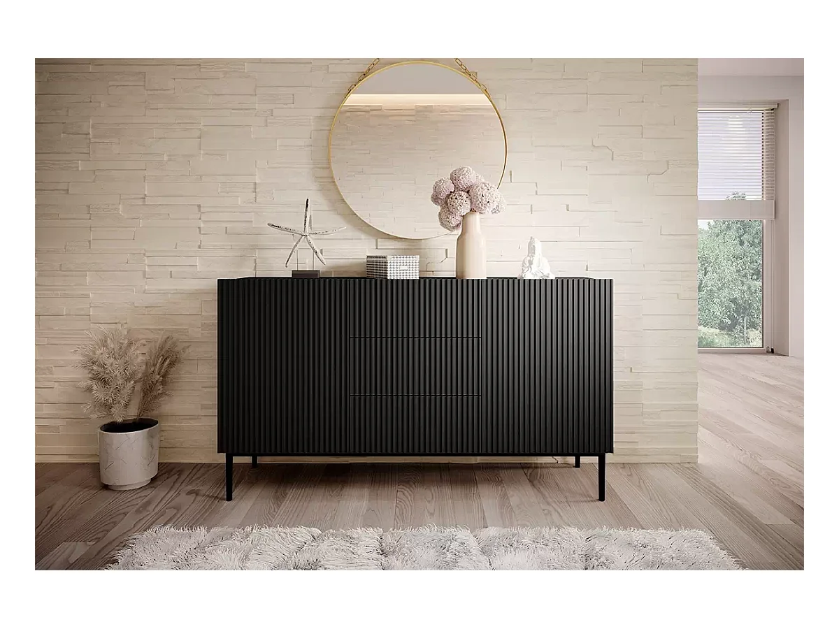 Buffet 2 deuren 3 planken centraal zwart met bont metaal zwart 150x45 cm