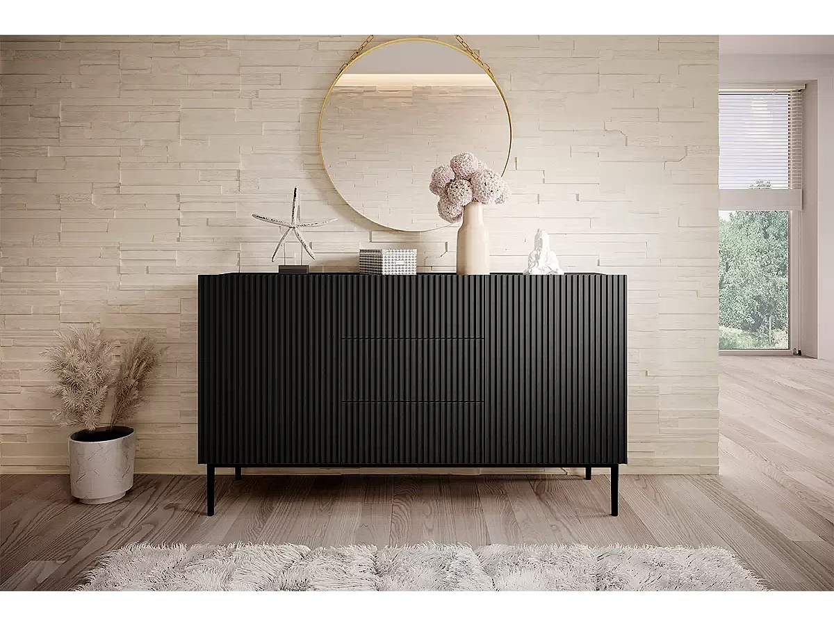 Madia 2 ante 3 cassetti centrali nero piede metallo nero 150x45 cm