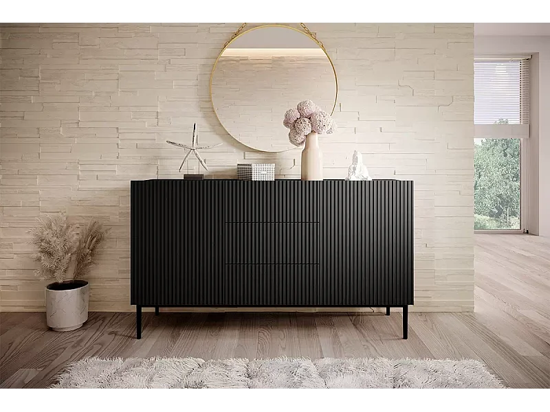 Madia 2 ante 3 cassetti centrali nero piede metallo nero 150x45 cm