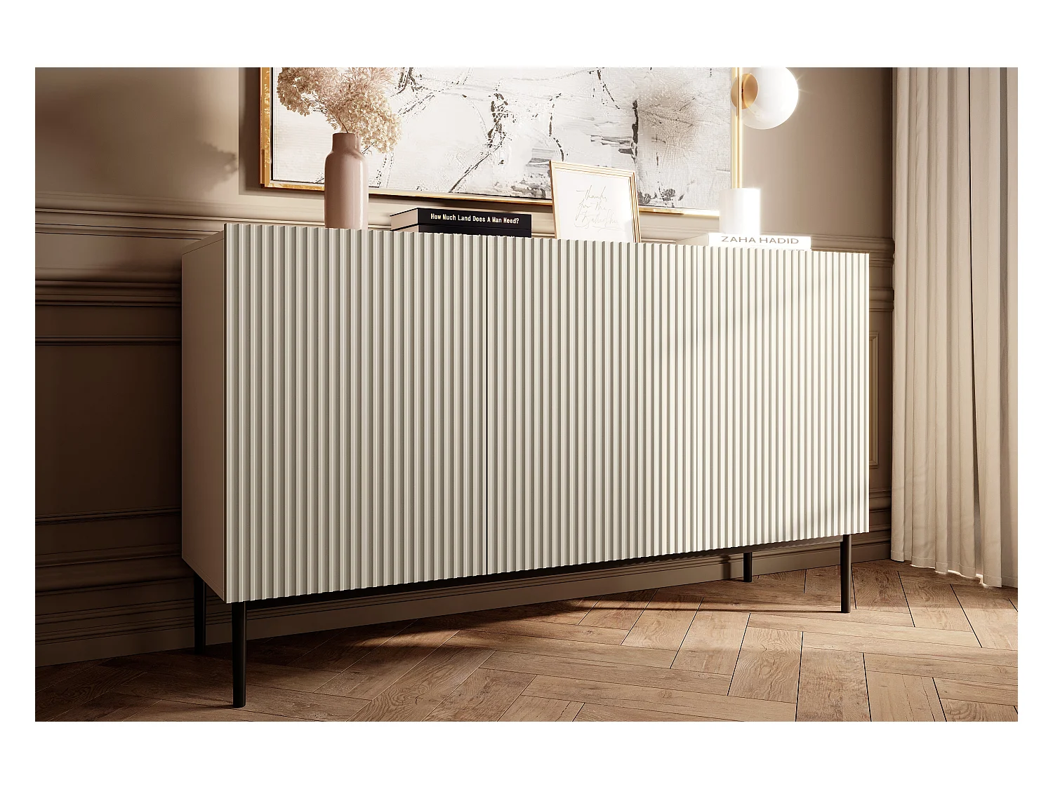 Aparador de cachemir de 3 puertas con pie de metal negro 150x45 cm