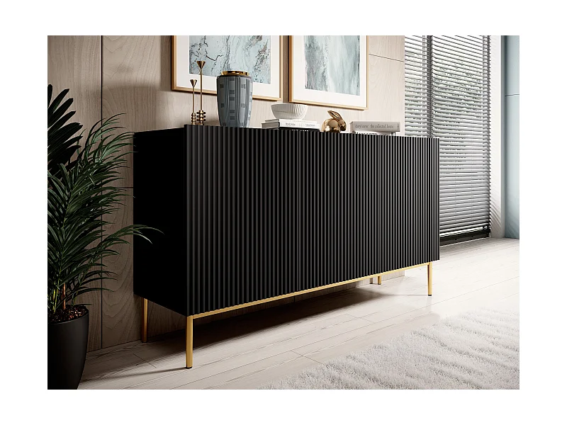 Schwarzes 3-türiges Sideboard mit goldenem Metallfuß 150x45 cm