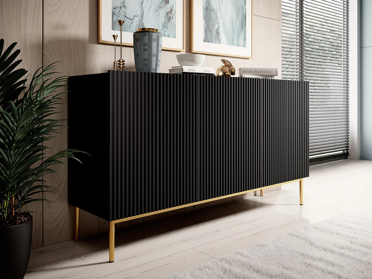 Aparador 3 portas preto com pé em metal dourado 150x45 cm