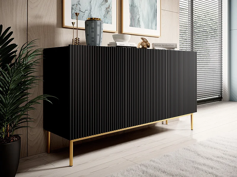 Aparador negro de 3 puertas con pie de metal dorado 150x45 cm