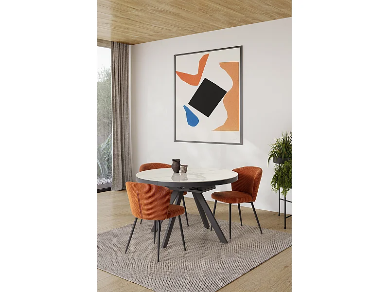 Table ronde extensible pour 4/6 personnes en céramique blanche 120/160x76 cm