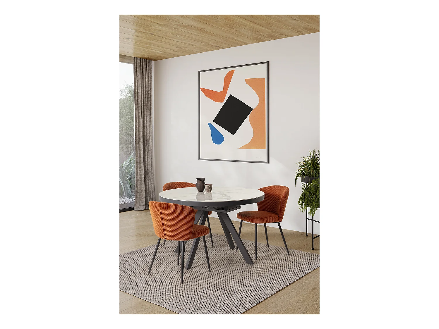 Runder ausziehbarer Tisch für 4/6 Personen aus weißer Keramik 120/160x76 cm