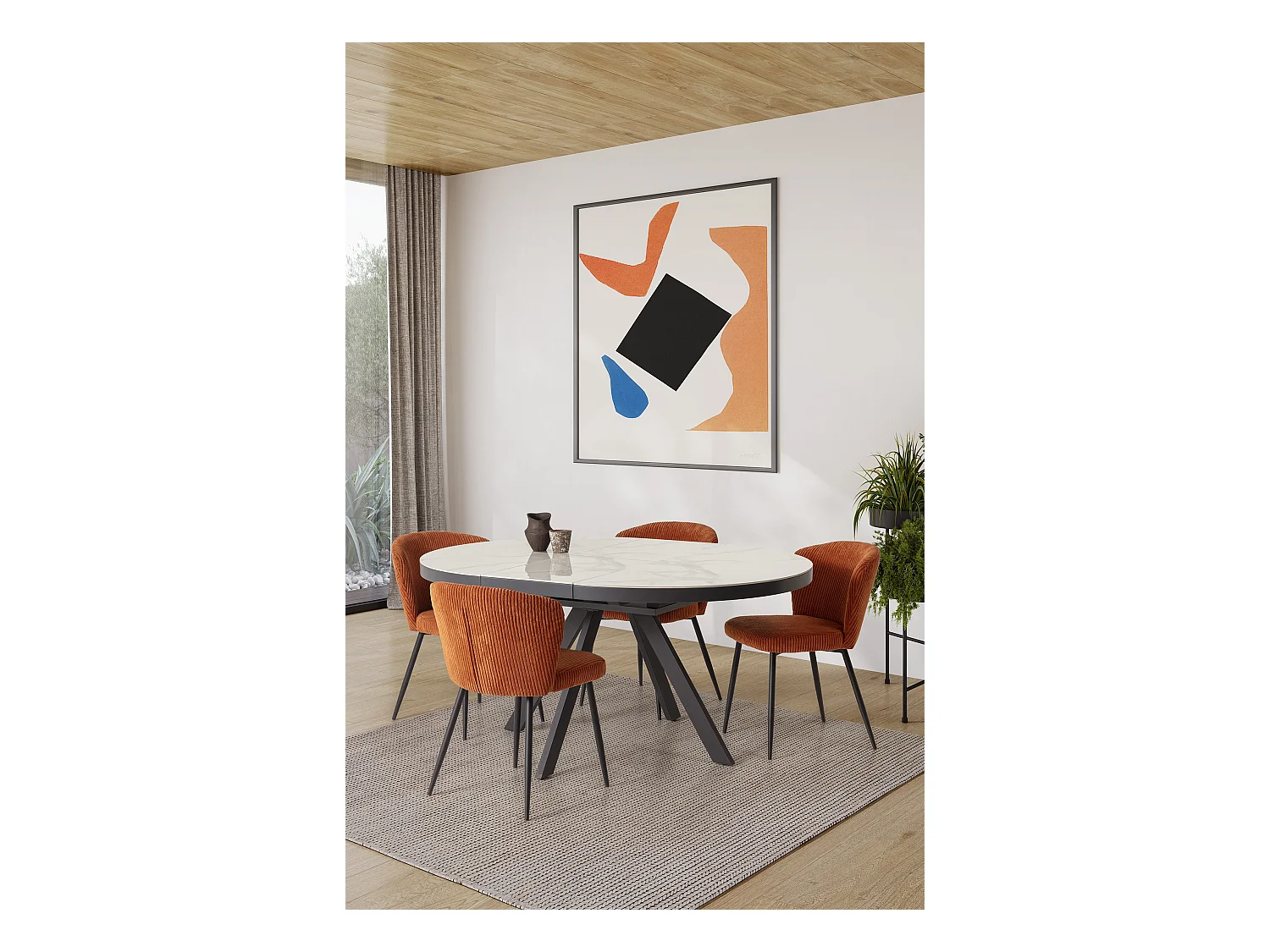 Runder ausziehbarer Tisch für 4/6 Personen aus weißer Keramik 120/160x76 cm