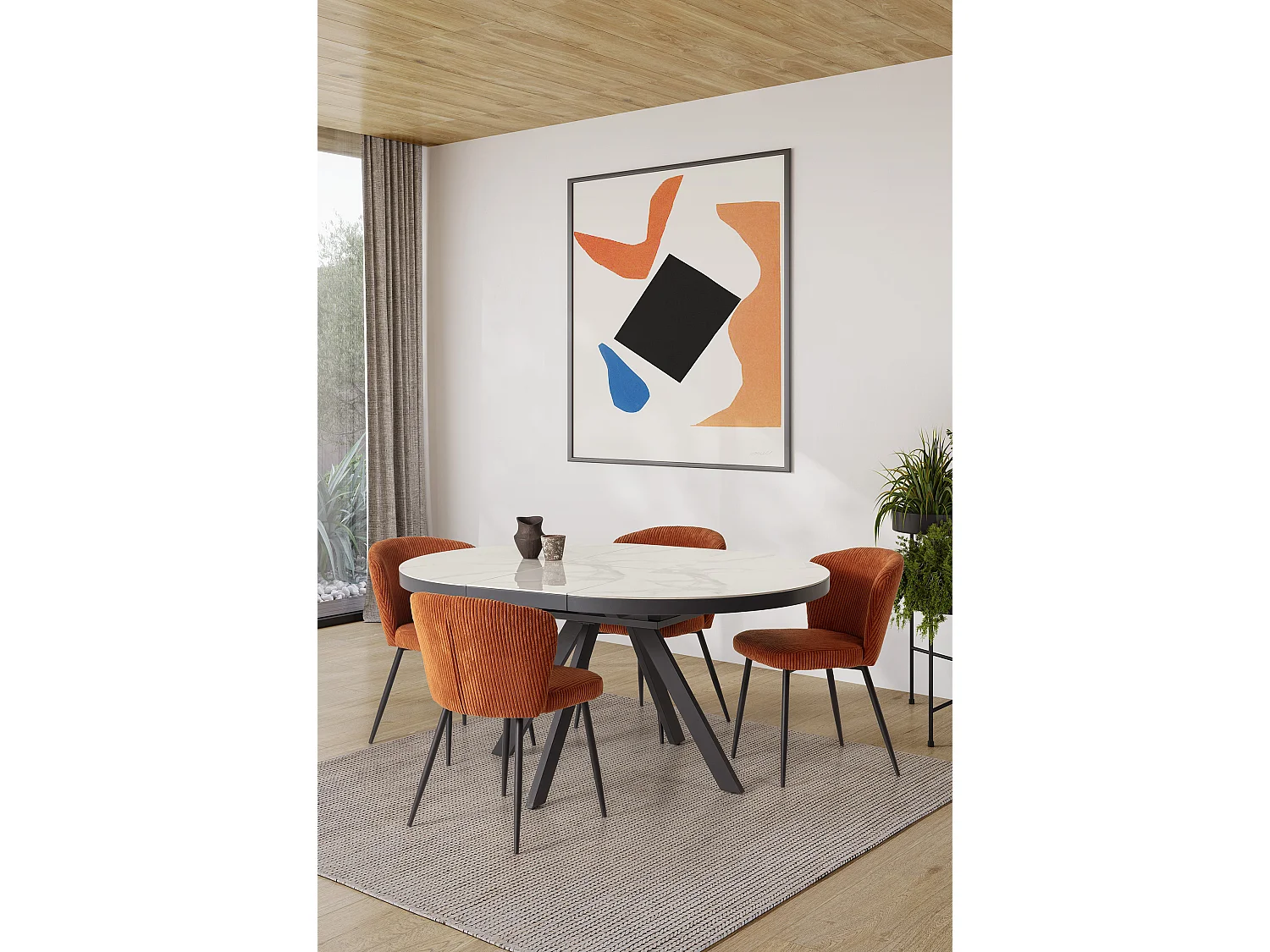 Runder ausziehbarer Tisch für 4/6 Personen aus weißer Keramik 120/160x76 cm